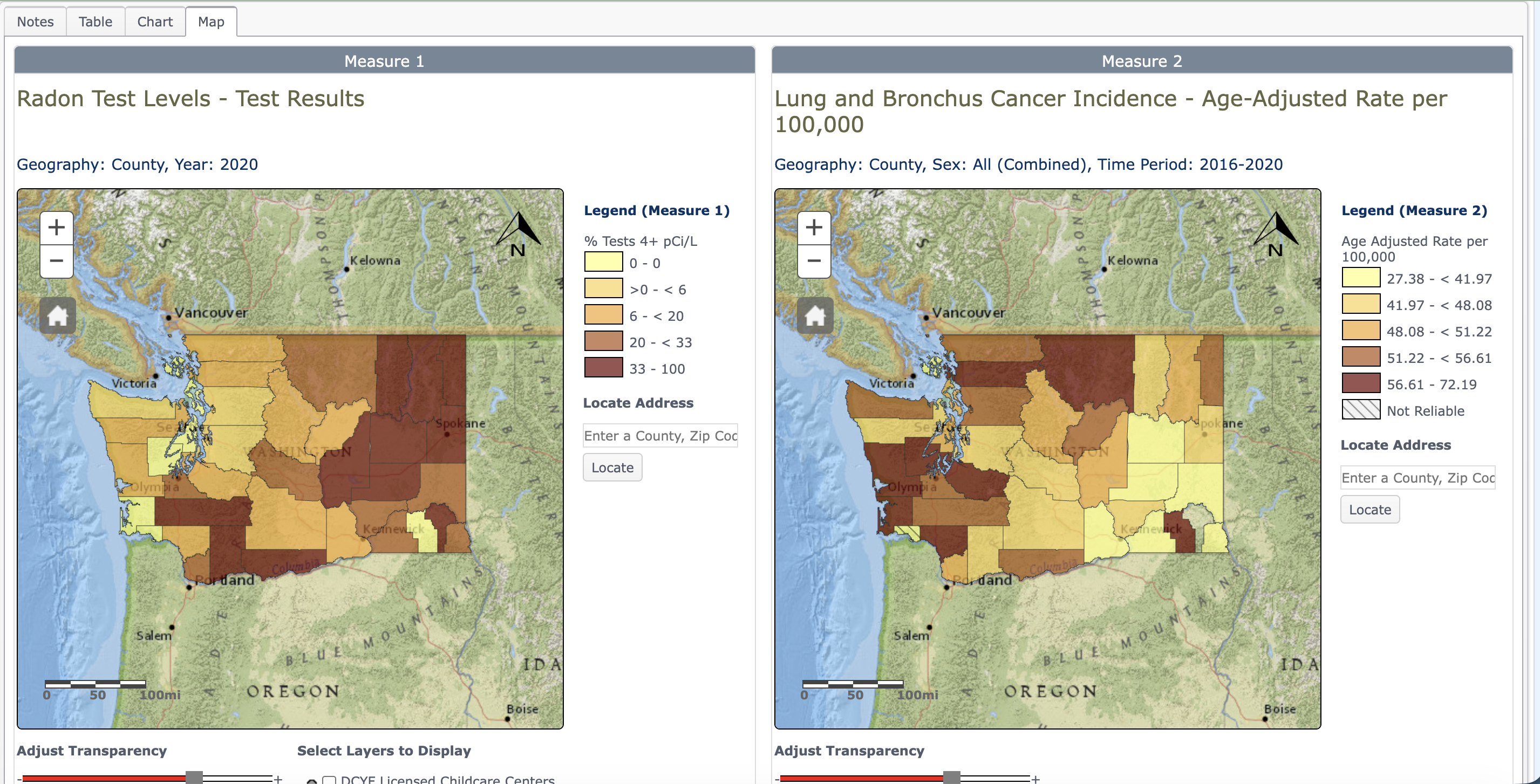 Washington radon test county map shown beside lung cancer incidence county map