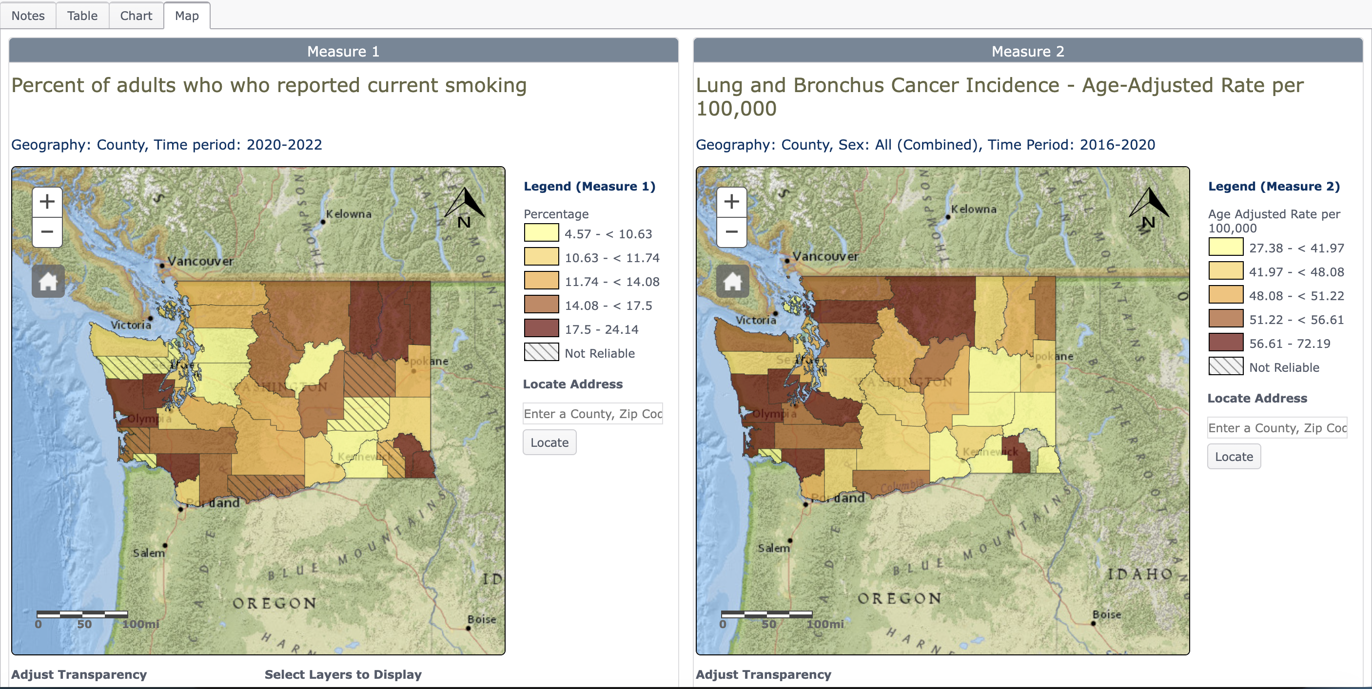 Washington current smoking county map shown beside lung cancer incidence county map